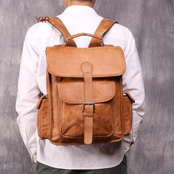 Vintage Brown Leather Men's 14'' Laptop Backpack School Backpack Travel Backpack For Men - imessengerbags