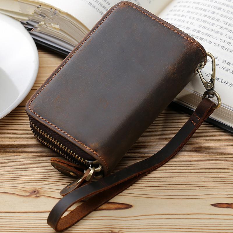 Cool Mens Double Zipper Leather Key Wallet Key Holder Car Key Holder For Men - imessengerbags