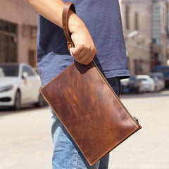 Brown MENS LEATHER SLIM ZIPPER CLUTCH WRISTLET PURSE CLUTCH BAGs FOR MEN