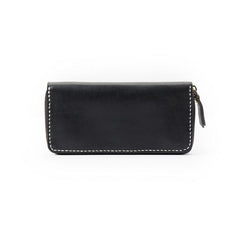 Black Handmade Leather Mens Long Wallet Bifold Zipper Clutch Wallet CellPhone Wallet For Men
