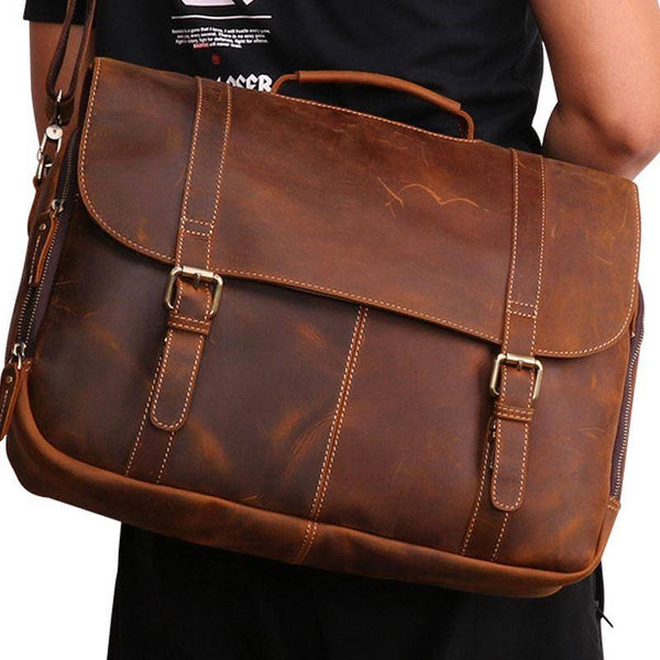 Leather Mens Vintage Large Brown Messenger Bag Laptop Shoulder Bag for Men