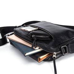 Black Fashion Leather Mens 10 inches Side Bag Black Courier Bag Messenger Bags for Men