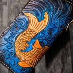 Handmade Leather Men Tooled Carp Cool Leather Wallet Long Phone Wallets for Men - imessengerbags