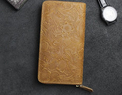 Handmade Leather Floral Mens Cool Travel Long Wallet Card Holder Card Slim Clutch Wallets for Men - imessengerbags
