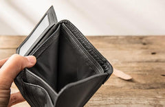 Black Cool Leather Mens Small Wallet Trifold Vintage billfold Wallet for Men - imessengerbags