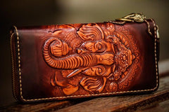 Handmade Leather Tooled Ganesh Mens Chain Biker Wallet Cool Leather Wallet Zipper Long Phone Wallets for Men