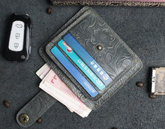 Handmade Leather Floral Mens Cool Front Pocket Wallet Short Wallet Card Holder Small Card Slim Wallets for Men
