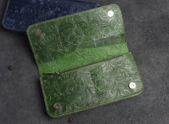 Handmade Leather Floral Mens Cool Travel Long Wallet Card Holder Card Slim Clutch Wallets for Men - imessengerbags