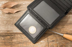 Black Cool Leather Mens Small Wallet Trifold Vintage billfold Wallet for Men - imessengerbags