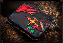 Handmade Leather Chinese Lion Tooled Mens billfold Wallet Cool Chain Wallet Biker Wallet for Men - imessengerbags