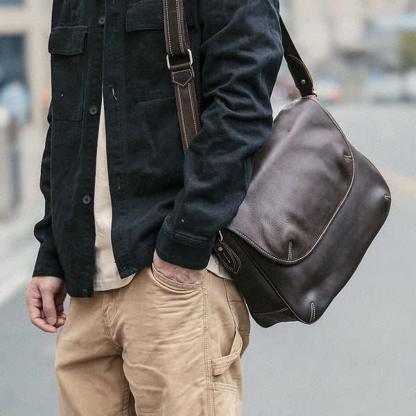 Black Leather Mens Casual 10'' Courier Bags Messenger Bags Dark Coffee Gray Postman Bag For Men - imessengerbags