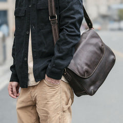 Black Leather Mens Casual 10'' Courier Bags Messenger Bags Dark Coffee Gray Postman Bag For Men - imessengerbags