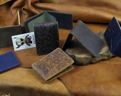 Handmade Leather Floral Mens License Wallets Cool Short Wallet Card Holder Small Card Slim Wallets for Men