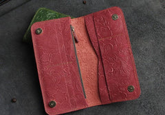 Handmade Leather Floral Mens Cool Travel Long Wallet Card Holder Card Slim Clutch Wallets for Men - imessengerbags