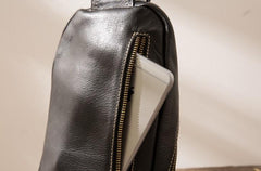 Mens Black Leather Sling Bag Sling Shoulder Bag Sling Backpack for men