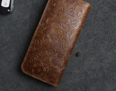 Handmade Leather Floral Mens Cool Travel Long Wallet Card Holder Card Slim Clutch Wallets for Men - imessengerbags