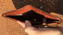 Handmade Genuine Rock Punk Leather Mens Cool Long Wallet Wristlet Bifold Clutch Wallet for Men