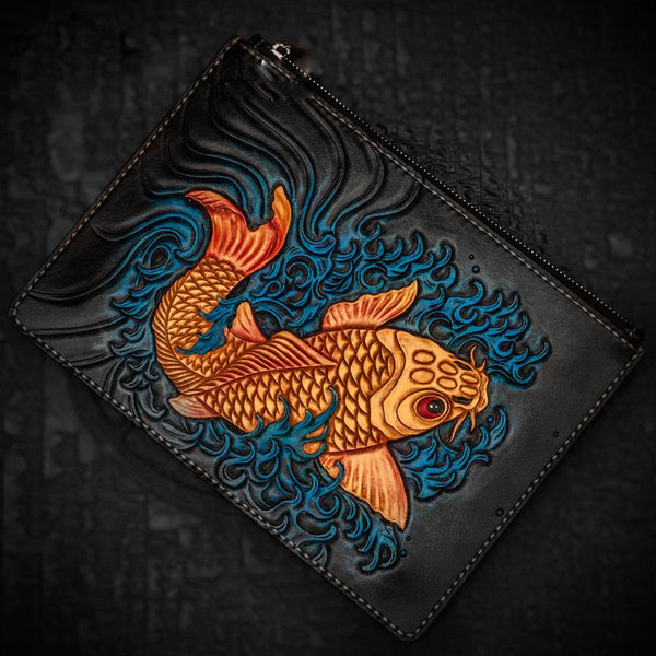 Handmade Leather Carp Tooled Wristlet Bag iPad Bag Mens Cool Leather Wallet Long Clutch for Men - imessengerbags