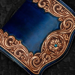 Handmade Leather Men Tooled Blue Floral Cool Leather Wallet Long Phone Clutch Wallets for Men - imessengerbags