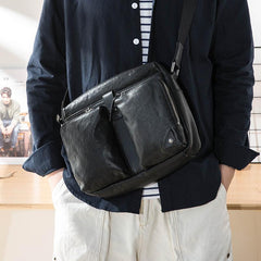 Black Cool Leather Mens 13 inches Side Bag Messenger Bags Black Courier Bags Postman Bag for Men - imessengerbags