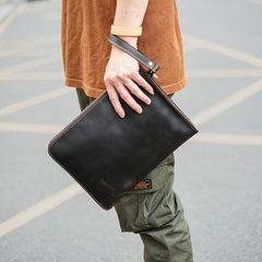 Vintage Business Leather Mens Brown Envelope Bag Document Purse Dark Brown Clutch For Men - imessengerbags