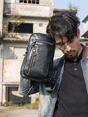 Black Casual Leather Mens 8 inches Sling Bag Chest Bag Black One Shoulder Backpack Phone Bag for Men - imessengerbags