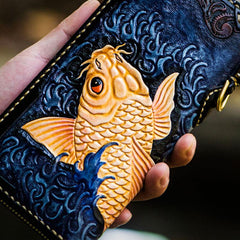 Handmade Leather Men Tooled Carp Cool Leather Wallet Long Phone Wallets for Men - imessengerbags