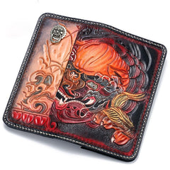 Handmade Leather Chinese Lion Mens Chain Biker Wallet Cool Leather Wallet With Chain Wallets for Men - imessengerbags