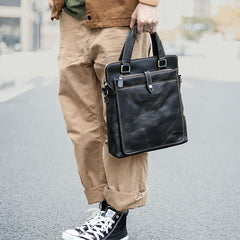 Vintage Black Mens Leather Vertical Briefcases Work Handbag Brown 10'' Computer Briefcases For Men - imessengerbags