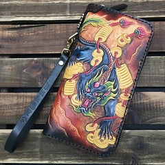 Black Handmade Chinese Dragon Tooled Leather Long Biker Wallet Chain Wallet Clutch Wallet For Men - imessengerbags