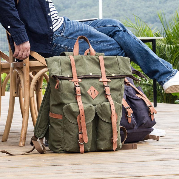 Waxed Canvas Leather Mens Dark Gray Waterproof 15‘’ Large Backpack Travel Backpack Green Hiking Backpack for Men - imessengerbags