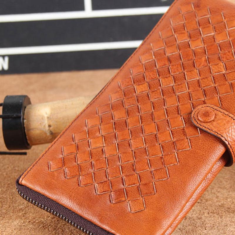 Genuine Leather Mens Cool Braided Wallet Long Leather Wallet Clutch Wristlet Wallet for Men - imessengerbags