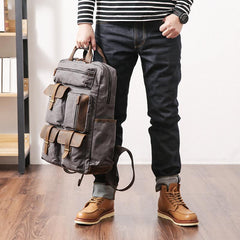 Cool Waxed Canvas Leather Mens Waterproof 15'' Backpack Gray Travel Backpack Hiking Backpack for Men - imessengerbags