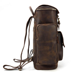 Dark Brown Leather Mens Large 15'' Travel Backpack College Backpack Barrel Backpack for Men