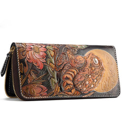Handmade Leather Mens Clutch Wallet Cool Gold Toad Triped Crow Tooled Wallet Long Zipper Wallets for Men - imessengerbags