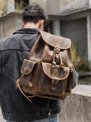 Dark Brown Cool Mens 13 inches Leather Backpacks Travel Backpacks Brown Laptop Backpack for men