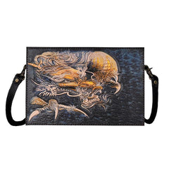 Handmade Black Tooled Chinese Dragon Leather Clutch Wristlet Bag Messenger Bags Side Bag For Men