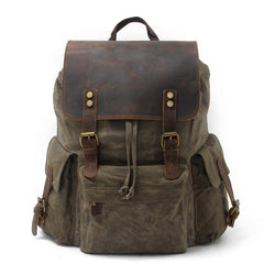 Cool Canvas Leather Mens 15'' Black Computer Backpack Green Hiking Backpack Travel Backpack for Men - imessengerbags