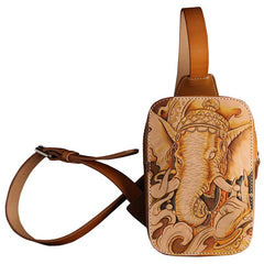 Handmade Beige Ganesha Tooled Leather Sling Bag Chest Bag One Shoulder Backpack For Men - imessengerbags