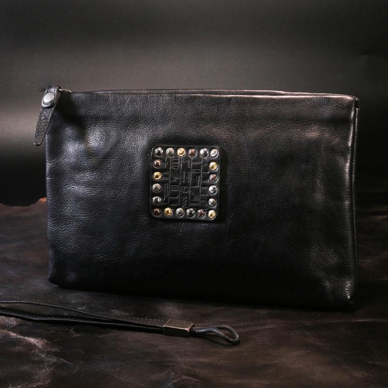 Handmade Leather Mens Clutch Cool Slim Wallet Zipper Clutch Wristlet Wallet for Men