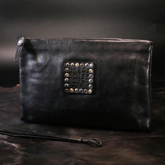 Handmade Leather Mens Clutch Cool Slim Wallet Zipper Clutch Wristlet Wallet for Men