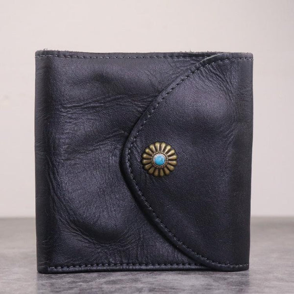Vintage Mens Black Leather Billfold Leather Slim Wallets for Men Small Wallets for Men
