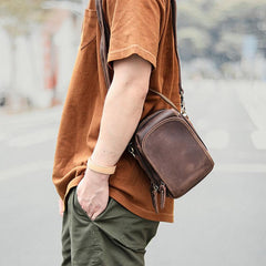 Dark Brown Leather Mens Casual Mini Courier Bag Messenger Bags Belt Bag Belt Pouch For Men - imessengerbags