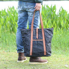 Waxed Leather Mens Womens Black 14'' Waterproof Tote Bag Handbag Tote Bag Shoulder Bag Tote Purse For Men - imessengerbags
