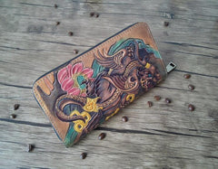 Handmade Leather Chinese Lion Tooled Mens Long Wallet Cool Leather Wallet Clutch Wallet for Men - imessengerbags