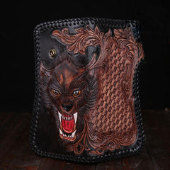 Handmade Leather Wolf Mens Chain Biker Wallet Cool Leather Wallet Long Phone Wallets for Men - imessengerbags