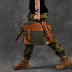 Canvas Leather Mens 14‘’ Army Green Briefcase Side Bag Retro Messenger Bag Shoulder Bag For Men - imessengerbags