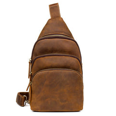 Casual Brown Leather Mens Sling Pack Sling Bags Chest Bag One Shoulder Backpack for Men