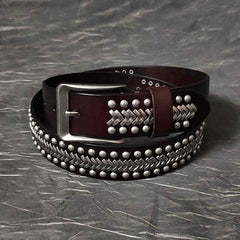 Cool Black Leather Metal Rock Belt Brown Motorcycle Punk Rivet Belt Leather Belt For Men - imessengerbags
