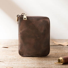 Black Leather Mens Small Card Wallet Front Pocket Wallet Brown Zipper Coin billfold Wallet For Men - imessengerbags